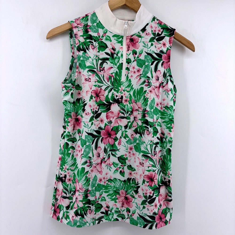 Tommy Bahama Golf Womens XS Sleeveless Tropical Floral Quarter Zip Polo Top